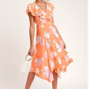 Lulu's Garden of Joy Light Orange Floral Print Ruffled Wrap Dress